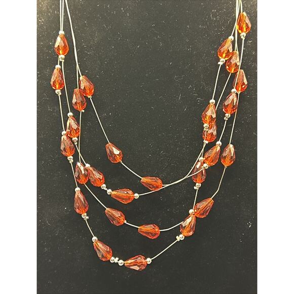 Vintage Multi Strand Red Beaded Silver Tone Necklace Jewerly Costume Fashion - Picture 6 of 7